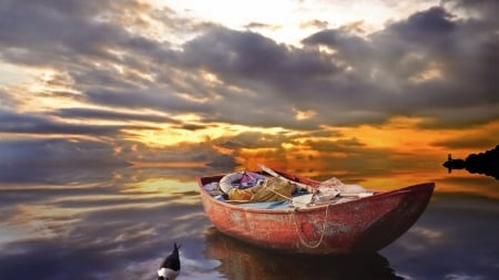 where sea turns into sky hdr - clouds, bird, lighthouse, boat, hdr, sea, sky