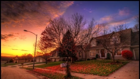 suburbia in autumn hdr - autumn, houses, street, trees, suburbs, leaves, hdr, sunset