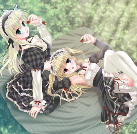 Sweet Friend - hot, anime girl, laying, blond hair, blonde hair, sexy, lying, long hair, lay, eat, sweet, dress, happy, nice, strawberry, female, blond, pretty, anime, cute, love, girl, kashiwazaki sena, gown, lovely, fruit, kawaii, sena kashiwazaki, sena, eating, smile, friend, blonde