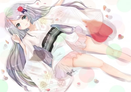 White Kimono - pretty, anime, kawaii, female, lying, long hair, happy, nice, anime girl, laying, hot, girl, kimono, lovely, sweet, petals, yukata, smile, white, cute, sexy, lay