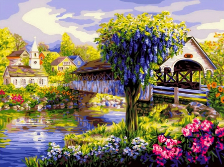 Picturesque - calm, blossoms, creek, spring, flowering, flowers, countryside, shore, art, houses, sky, covered, trees, blooming, village, river, nature, picturesque, painting, serenity, cottages, peaceful, bridge