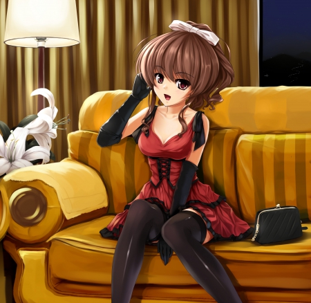 Maiden - nice, beauty, female, hot, anime girl, elegant, brown hair, angelic, gorgeous, lily, pretty, anime, ribbon, cute, maiden, lady, sexy, girl, long hair, gown, lovely, divine, purse, hd, kawaii, sublime, beautiful, sweet, smile, dress, happy, flower