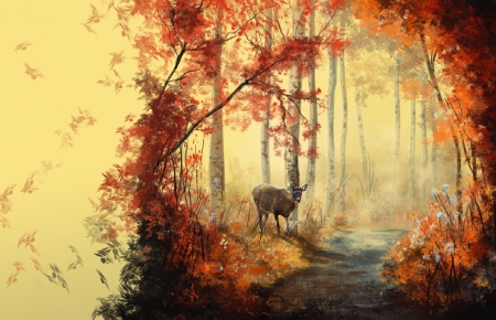 Autumn Dream - doe, trees, dream, autumn