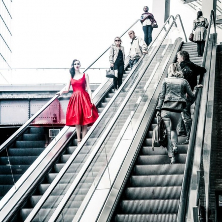 Don't look at the girl in the red dress - beauty, black and red, girl, red dress, femininity, black and white, two colors, look