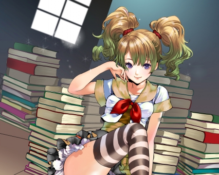 Books - nice, beauty, female, hot, twintail, anime girl, book, brown hair, pretty, anime, ribbon, twin tail, cute, maiden, lady, sexy, skirt, girl, twintails, long hair, lovely, kawaii, beautiful, sweet, dress