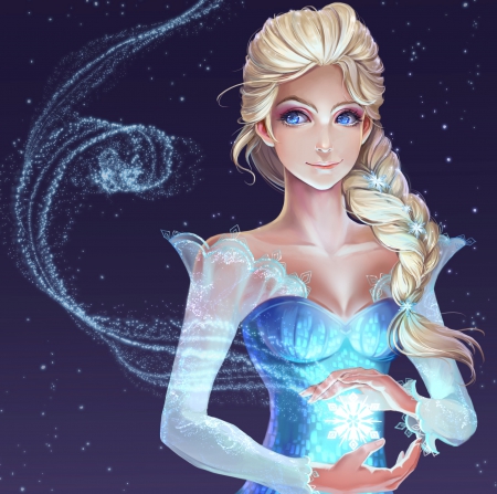 Elsa - maiden, snow, dress, blonde, blond hair, long hair, blond, hd, gown, realistic, queen, beautiful, blonde hair, beauty, fantasy, frozen, braids, snowflake, lady, disney, elsa