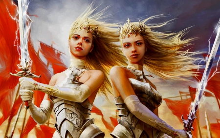 Twin Warrior Girls - women, fighter, warrior, beautiful, girl, girls, fantasy, digital, woman, art