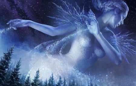 Winter Princess - woman, princess, serene, girl, winter, wallpaper, lovely, fantasy, art, snow, blue, beautiful, fairie, digital