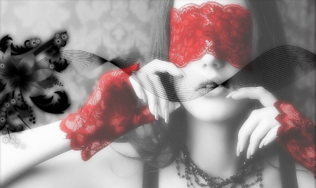 Mystery Woman - serene, mask, red, face, art, beautiful, sensual, photography, photoshop, girl, beauty, lace, fantasy, color splash, woman, digital, gloves