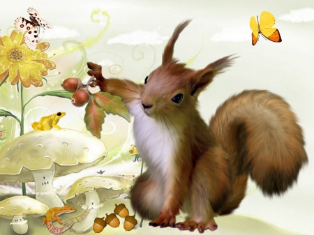 SQUIRREL - frog, butterflies, nuts, squirrel