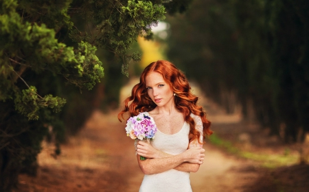 Beautiful woman - flowers, trees, woman, model