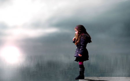 GIRL in the MIST - lake, girl, mist, dock