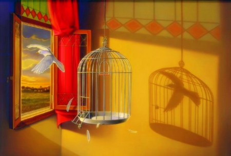 Escaped to Freedom - bird, cage, window, artwork