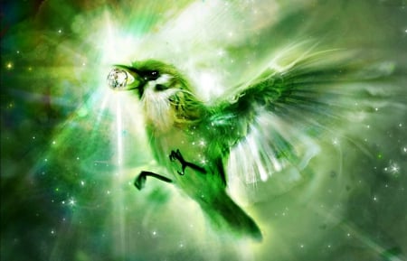 Fantasy sparrow - wings, fantasy, bird, sparrow, diamond, art, bing xiao, green, feather, beauty and death, fly