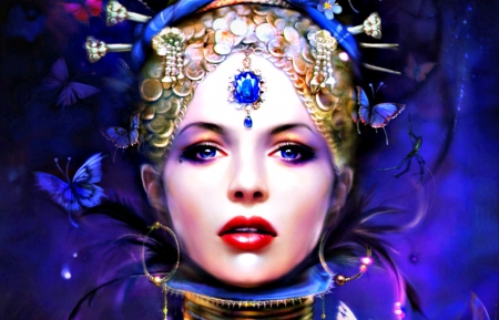 Fantasy beauty - beauty, woman, pendant, girl, jewel, fantasy, face, art, butterfly, pink, red, blue, bing xiao