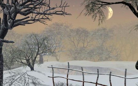 Wintertime - moon, fence, trees, snow