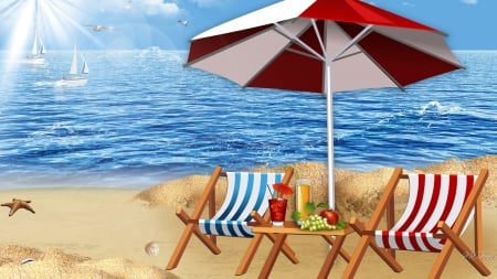 Never Winter Here - seaside, sunshine, beach, sailboats, water, chairks, vacation, sea birds, umbrella, sunrays, sand, relax, seashells, light, sailing, fruit, warm, cozy, drinks