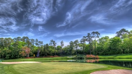 gorgeous green on a golf course hdr - clouds, trees, pond, green, hdr, golf