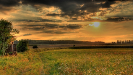 beautiful sunset over rural hesse germany - clouds, trees, sunset, fields, hut