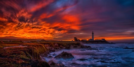 Sunset - clouds, sea view, lighthouse, splendor, sea, ocean, sunset, nature, view, sky