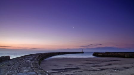 low tide in seaham harbor england - moon, wharf, lighthouse, evening, harbor, low tide