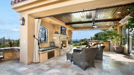 spectacular back porch - fireplace, view, house, seats, porch