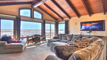 comfortable living room with a beach view hdr - sofas, beach, view, windows, hdr, living room