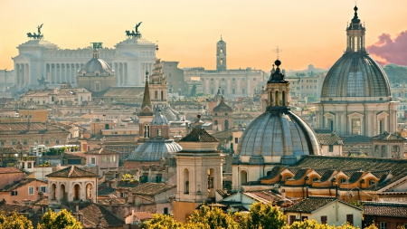 splendid roof line view of rome - view, roofs, domes, city, statues