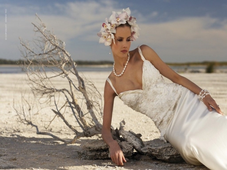 Beautiful Moment - women, clouds, pearls, beach, ocean, wedding dress, sand, sky