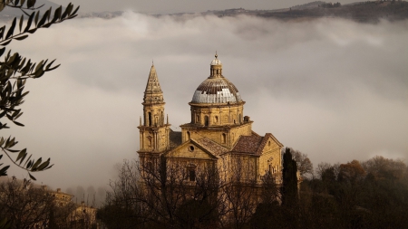 wonderful hillside italian church in fog - hills, church, fog, dome