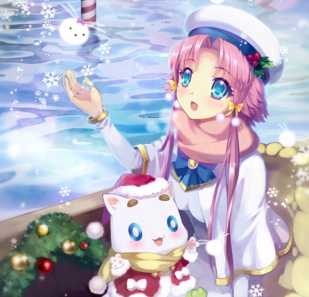 SnowFlakes - nice, female, hat, cap, anime girl, pretty, anime, cute, girl, blue eyes, winter, long hair, pink hair, lovely, hd, kawaii, snow, sweet, uniform