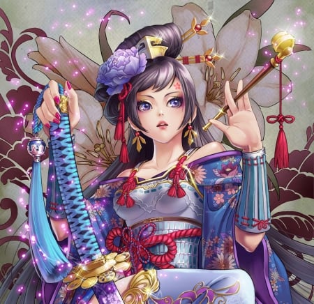 Oriental - nice, realistic, beauty, female, japanese, blade, orginal, pretty, katana, oriental, sword, kimono, fantasy girl, maiden, pipe, lady, girl, long hair, smoke, lovely, makeup, hd, floral, beautiful, sweet, chinese, dress, flower