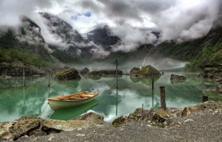 Bondhus Lake, Norway - lake, mountains, mist, reflections, nature, clouds, glacier, green, boat