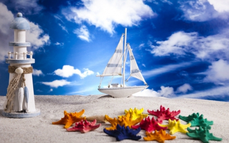 Colored starfish - lighthouse, boat, artwork, sand, sky, clouds, starfish, star, sea, sunshine, sailboat