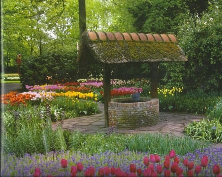 Garden - flowers, trees, wishing well, green, grass