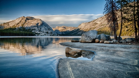 rocky lake shore hdr - lake, trees, reflection, shore, hdr, rocks