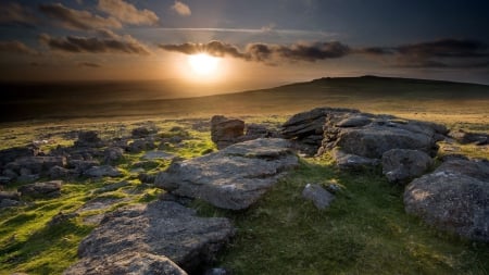 rocky rolling hills at sunset - hills, sheep, rocks, sunset