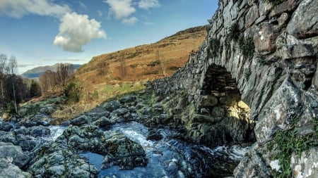 stone bridge over rocky mountain stream hdr - stone, hdr, stream, mountain, rocks, bridge