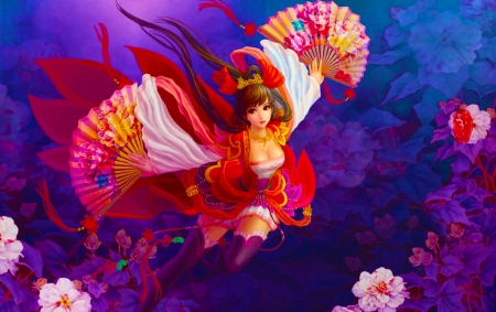 Oriental Fan Dancer - woman, dancer, girl, colorful, lovely, fantasy, exotic, cg, art, beautiful, oriental, digital