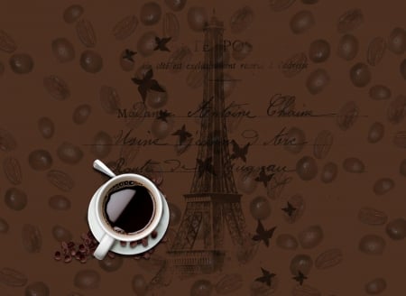 Coffee - drink, cups, drinks, Eiffel Tower, brown, text, cup, Coffee