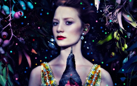 Mia Wasikowska - woman, actress, mia wasikowska, girl, black, model, bird, fruit, alice, glitter, dark, pink, blue, green