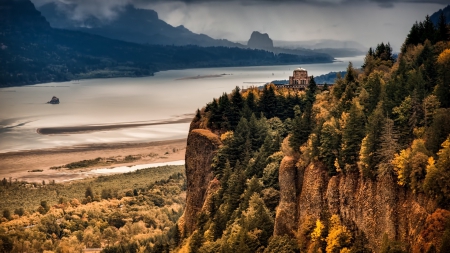 a bluff overlooking the columbia river hdr - forests, river, clouds, bluff, hdr, cliffs