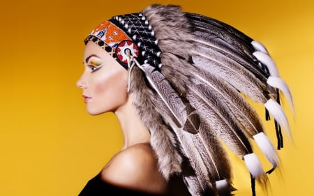 Beauty - make-up, beauty, model, indian, feathers, yellow, girl, orange, native, woman