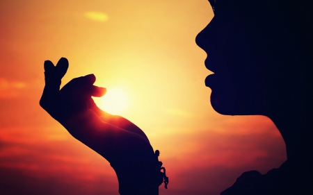 Holding the sun in its hand - abstract, yellow, summer, profile, girl, silhouette, orange, black, woman, sun