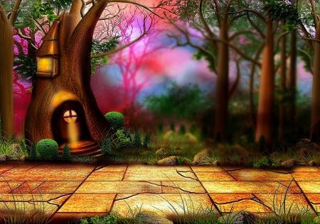 â™¥Flagstone Pathâ™¥ - photomanipulation, flagstone path, trees, spring, creative pre-made, lanterns, digital art, grass, landscapes, attractions in dreams, lovely, plants, nature, love four seasons, pink, beautiful, colors