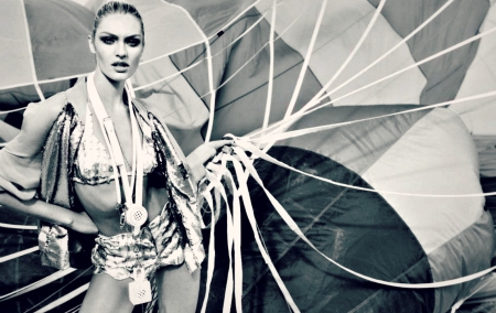 Candice Swanepoel - swimsuit, summer, parachute, girl, black, white, woman, model, Candice Swanepoel