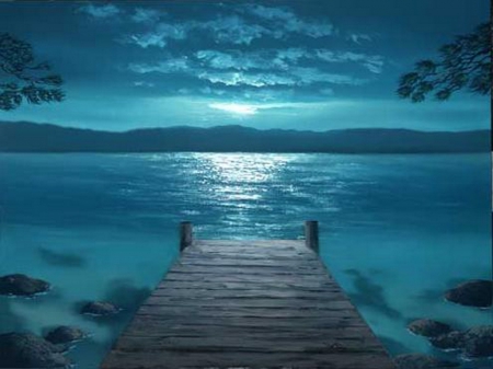 OUT ON THE BLUE DOCK - moon, ocean, blue, dock, romance