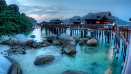 gorgeous bungalows resort in malaysia hdr - lagoon, bungalows, hdr, shore, piers, rocks