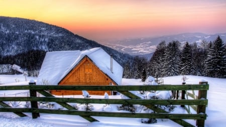 beautiful wooden mountain cabin in winter - forest, wooden, mountains, winter, fence, cabin