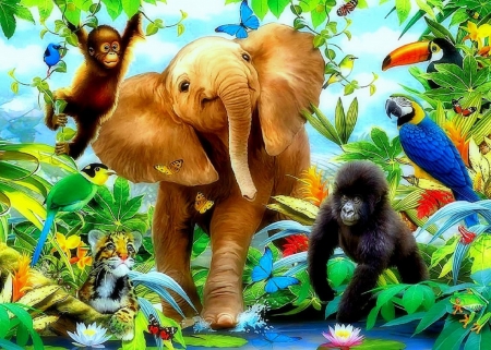 ★Jungle Juniors★ - lovely flowers, insects, seasons spring, birds, attractions in dreams, jungle juniors, creative pre-made, butterflies, monkey, drawings, forests, butterfly designs, elephant, paintings, colors, tiger, nature, little animals, jungle, digital arts, love four seasons, wildlife, animals